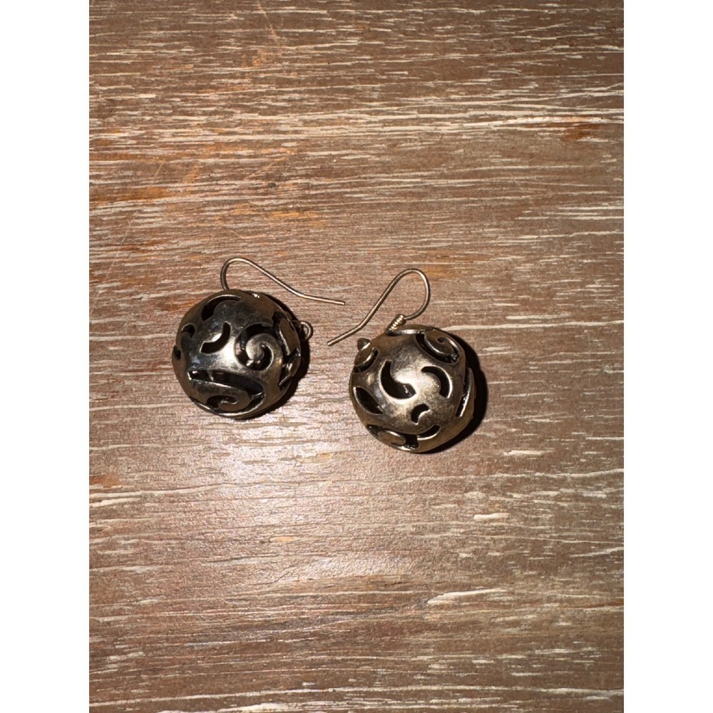 Sterling Silver Tone Filigree Ball Drop Dangle Earrings Ornate Vintage Style - Picture 6 of 6